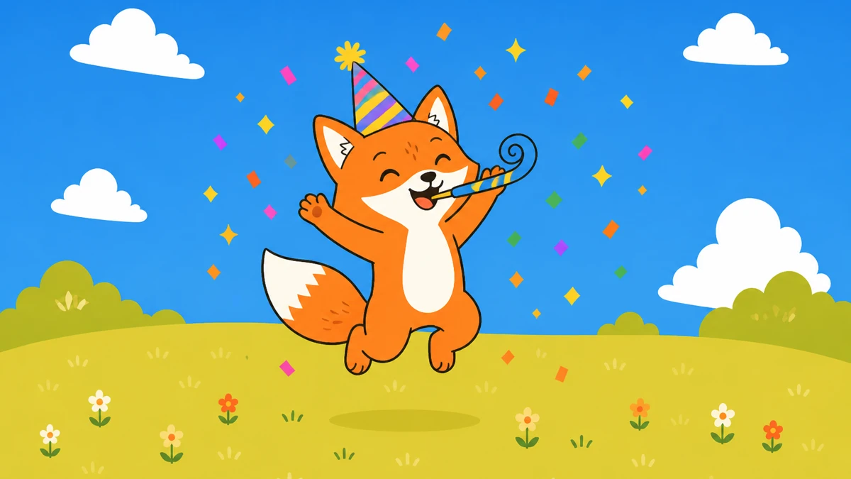 A joyful orange fox wearing a party hat jumps in the air, blows a party horn, and celebrates among colorful confetti